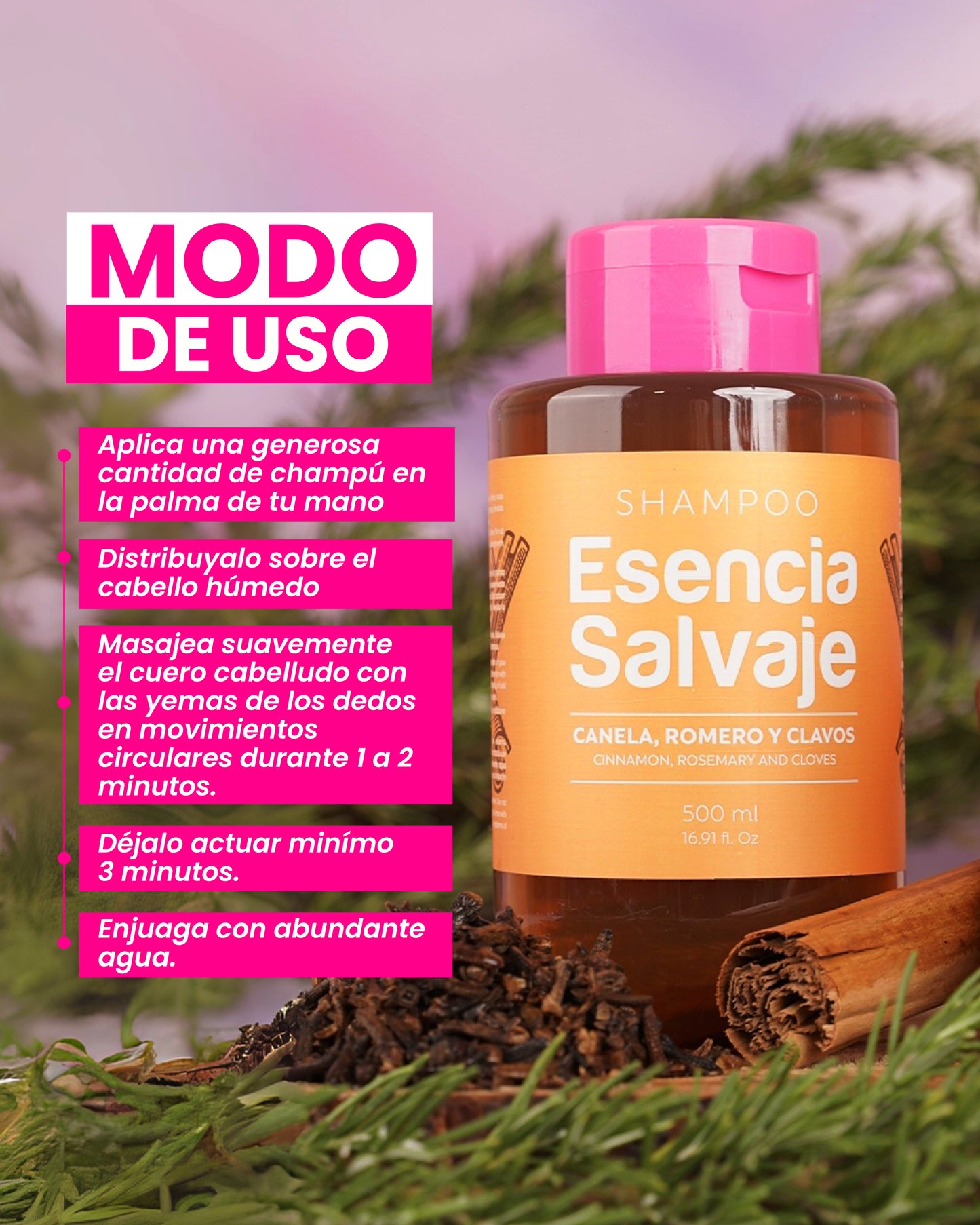Champú Esencia Salvaje Canela, Romero Y Clavos 500ml
