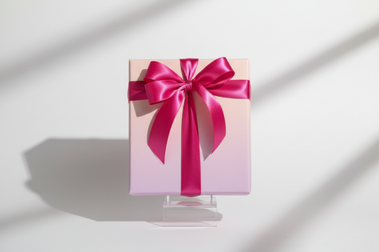regalo misterioso con cinta y moño color fuscia, en el color de la caja usa colores con tonos mas claros o femeninos
